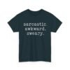 Unisex t-shirt from Twisted Angell with the sarcastic phrase “Sarcastic Awkward Sweary” printed on the front.