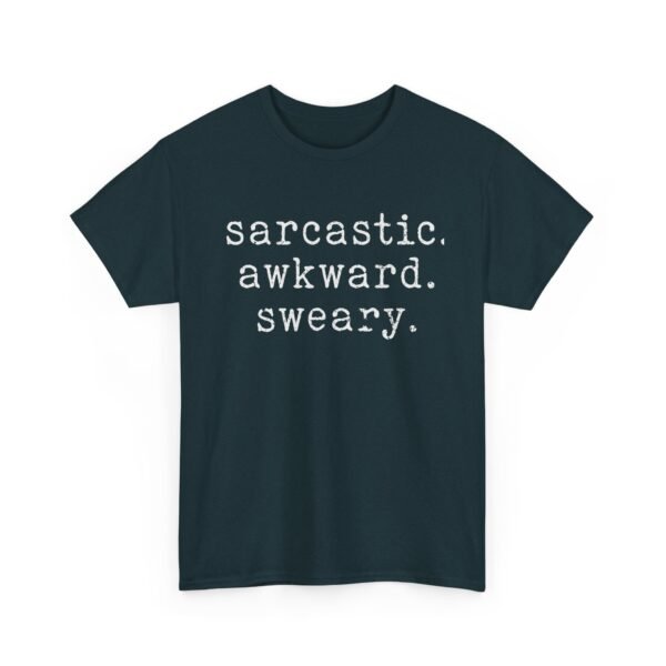 Unisex t-shirt from Twisted Angell with the sarcastic phrase “Sarcastic Awkward Sweary” printed on the front.