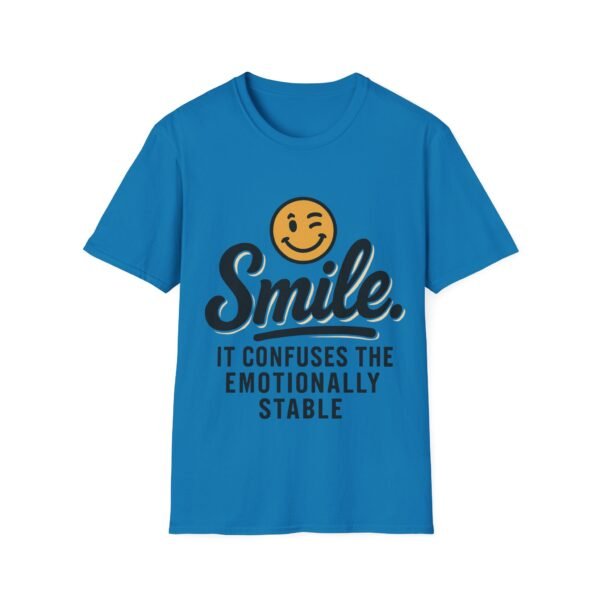 Unisex t-shirt from Twisted Angell with the sarcastic phrase “Smile. It confuses the emotionally stable” printed on the front.