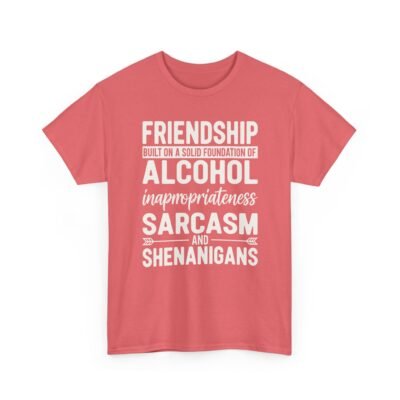 Unisex t-shirt from Twisted Angell with the sarcastic phrase “Friendship Built on Alcohol, Inappropriateness, Sarcasm and Shenanigans” printed on the front.