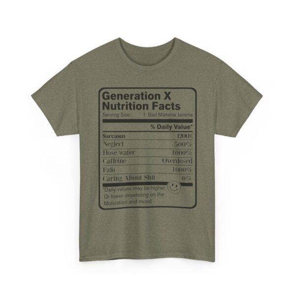 Unisex t-shirt from Twisted Angell with the sarcastic phrase “Generation X Nutrition Facts” printed on the front.