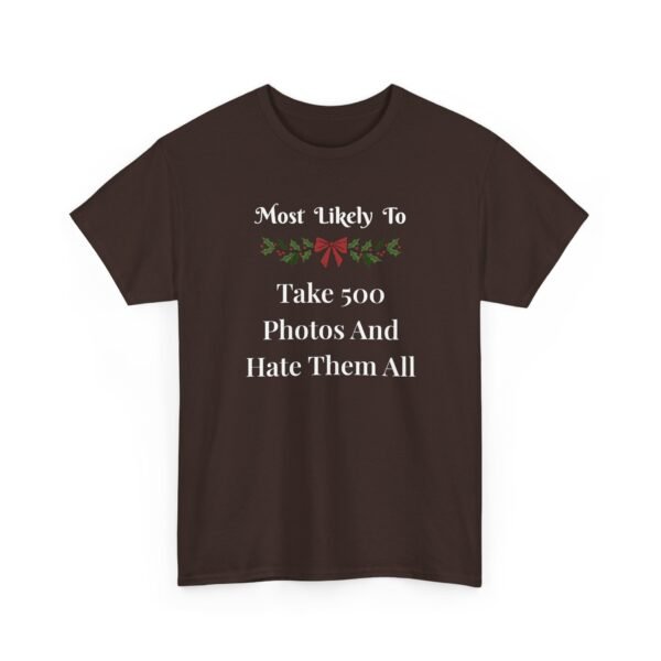 Unisex t-shirt from Twisted Angell with the sarcastic phrase “Most Likely To Take 500 Photos And Hate Them All” printed on the front.
