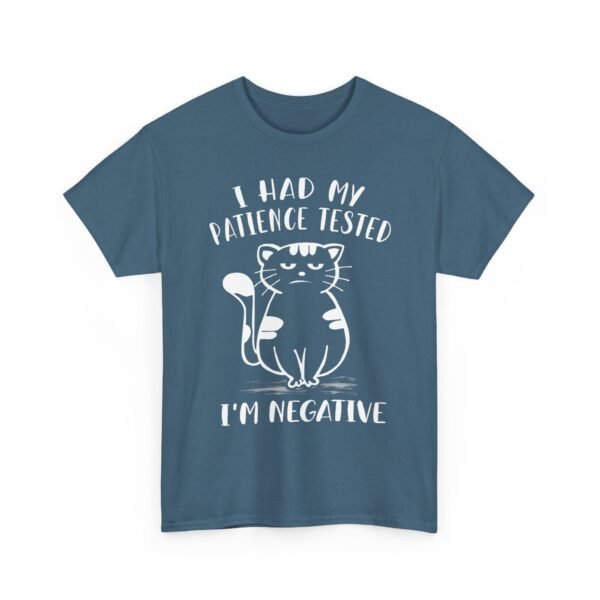 Unisex t-shirt from Twisted Angell with the sarcastic phrase “I Had My Patience Tested, I'm Negative” printed on the front.
