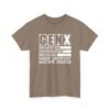 Unisex t-shirt from Twisted Angell with the sarcastic phrase “Gen X: Exhausted, Caffeinated, Nostalgic, Meme Archivist, Mixtape Curator” printed on the front.