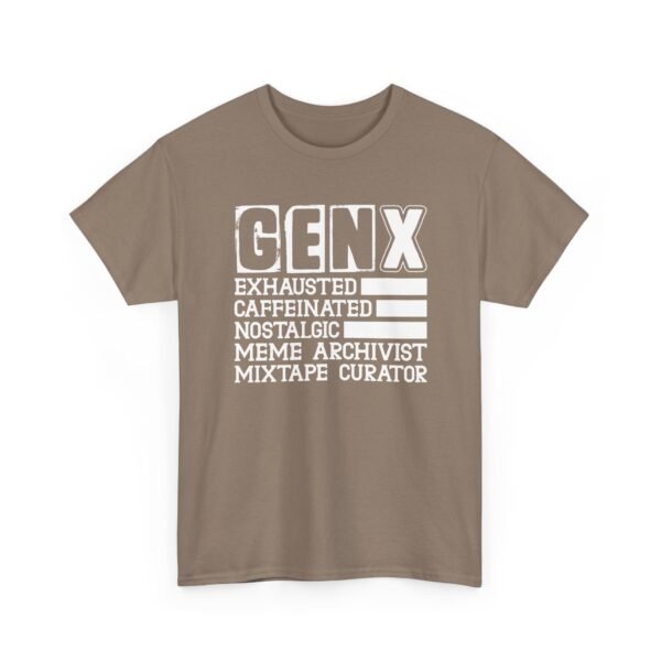 Unisex t-shirt from Twisted Angell with the sarcastic phrase “Gen X: Exhausted, Caffeinated, Nostalgic, Meme Archivist, Mixtape Curator” printed on the front.