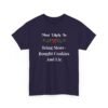 Unisex t-shirt from Twisted Angell with the sarcastic phrase “Most Likely to Bring Store-Bought Cookies and Lie” printed on the front.