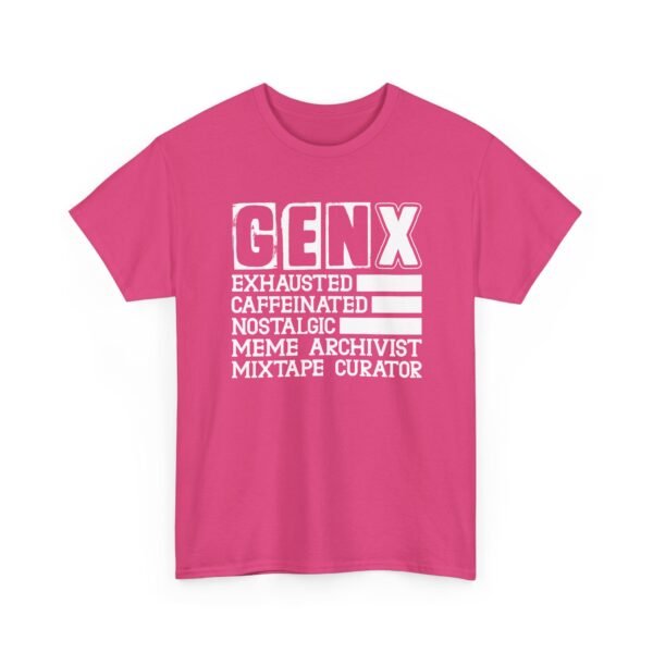 Unisex t-shirt from Twisted Angell with the sarcastic phrase “Gen X: Exhausted, Caffeinated, Nostalgic, Meme Archivist, Mixtape Curator” printed on the front.