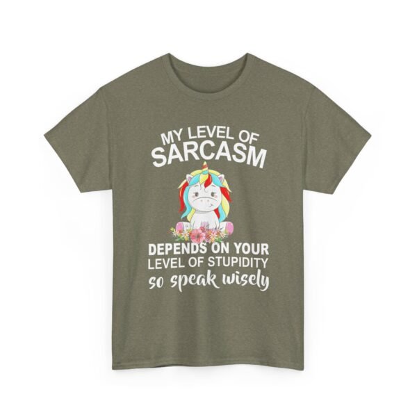 Unisex t-shirt from Twisted Angell with the sarcastic phrase “My Level Of Sarcasm Depends On Your Level Of Stupidity So Speak Wisely” printed on the front.