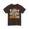 Unisex t-shirt from Twisted Angell with the sarcastic phrase “The Turkey Ain't The Only Thing In The Oven” printed on the front.