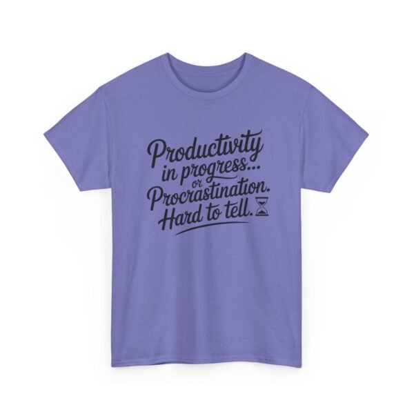 Unisex t-shirt from Twisted Angell with the sarcastic phrase “Productivity in progress... Procrastination. Hard to tell” printed on the front.