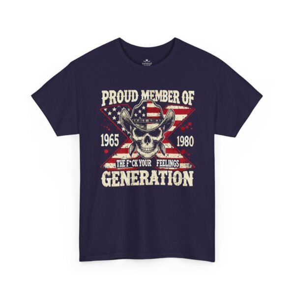 11003085575441022043_2048.jpeg Unisex t-shirt from Twisted Angell with the sarcastic phrase “Proud Member of the 1965–1980 Generation X — Skull & American Flag” printed on the front.