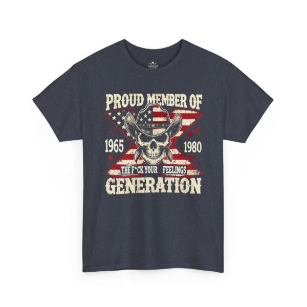 1115485605085817151_2048.jpeg Unisex t-shirt from Twisted Angell with the sarcastic phrase “Proud Member of the 1965–1980 Generation X — Skull & American Flag” printed on the front.