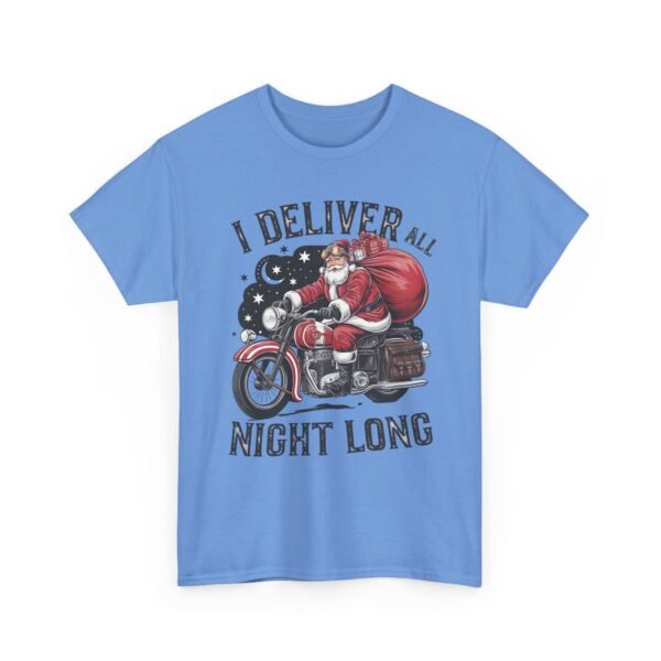 Unisex t-shirt from Twisted Angell with the sarcastic phrase “I Deliver All Night Long - Santa On Motorcycle” printed on the front.
