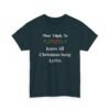Unisex t-shirt from Twisted Angell with the sarcastic phrase “Most Likely To Know All Christmas Song Lyrics” printed on the front.