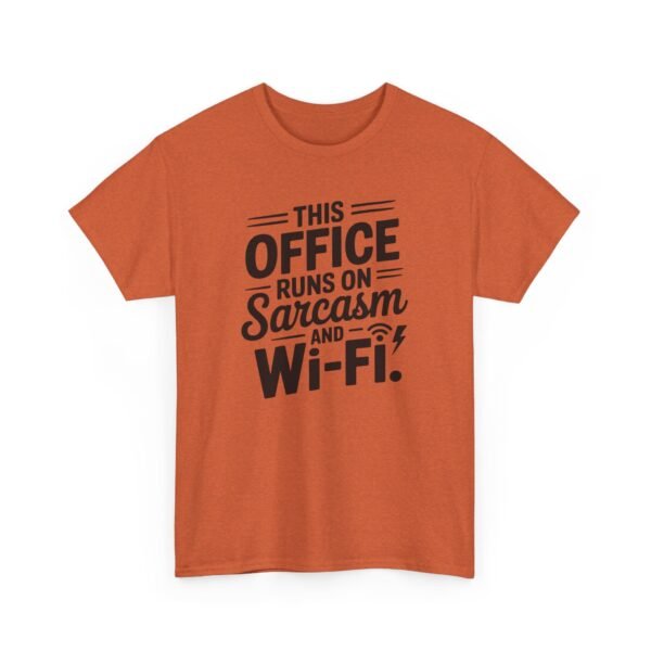 Unisex t-shirt from Twisted Angell with the sarcastic phrase “Sarcasm & Wi‑Fi Office” printed on the front.