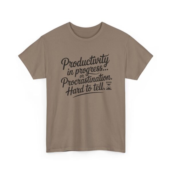 Unisex t-shirt from Twisted Angell with the sarcastic phrase “Productivity in progress... Procrastination. Hard to tell” printed on the front.