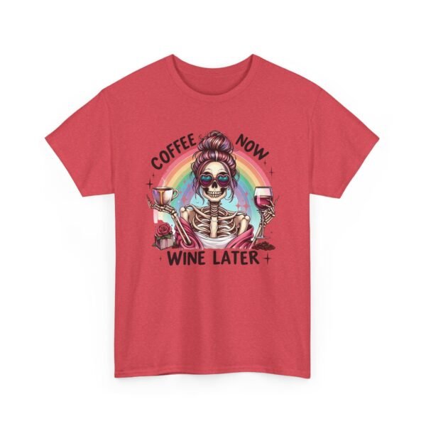 Unisex t-shirt from Twisted Angell with the sarcastic phrase “Coffee Now, Wine Later” printed on the front.