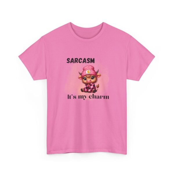 Unisex t-shirt from Twisted Angell with the sarcastic phrase “Sarcasm Is My Charm” printed on the front.