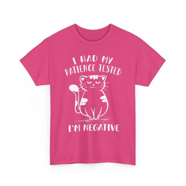 Unisex t-shirt from Twisted Angell with the sarcastic phrase “I Had My Patience Tested, I'm Negative” printed on the front.