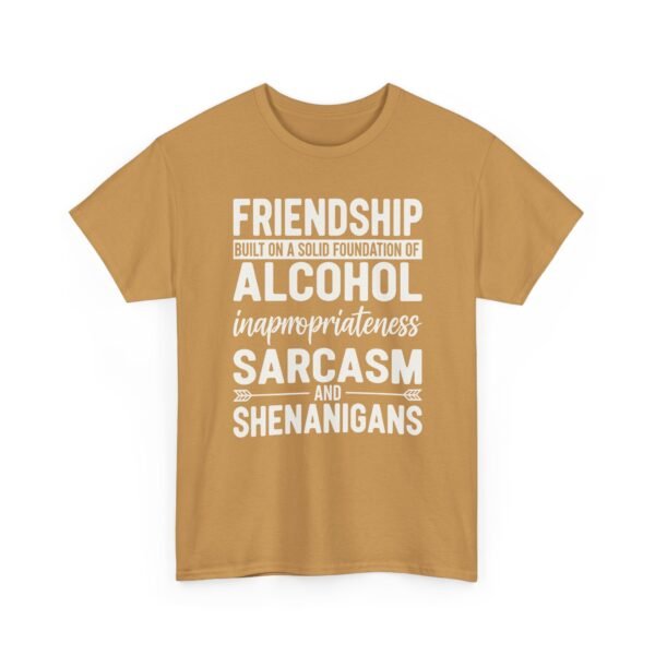 Unisex t-shirt from Twisted Angell with the sarcastic phrase “Friendship Built on Alcohol, Inappropriateness, Sarcasm and Shenanigans” printed on the front.