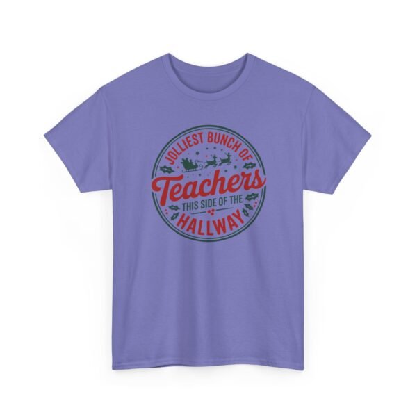 Unisex t-shirt from Twisted Angell with the sarcastic phrase “Jolliest Bunch of Teachers This Side of the Hallway” printed on the front.