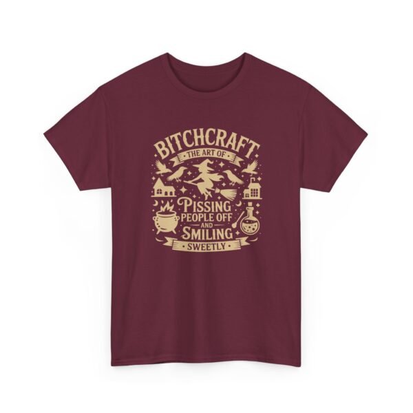 Unisex t-shirt from Twisted Angell with the sarcastic phrase “Bitchcraft, The Art Of Pissing. People Off And Smiling Sweetly” printed on the front.