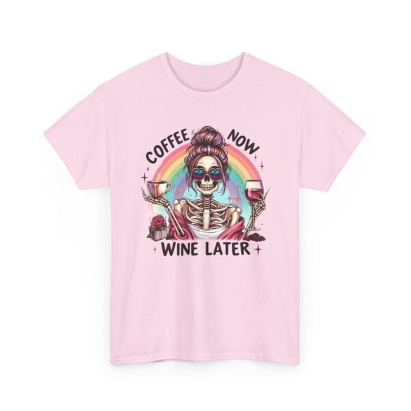 Unisex t-shirt from Twisted Angell with the sarcastic phrase “Coffee Now, Wine Later” printed on the front.
