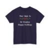 Unisex t-shirt from Twisted Angell with the sarcastic phrase “Most Likely To Be Singing Happy Feelings” printed on the front.