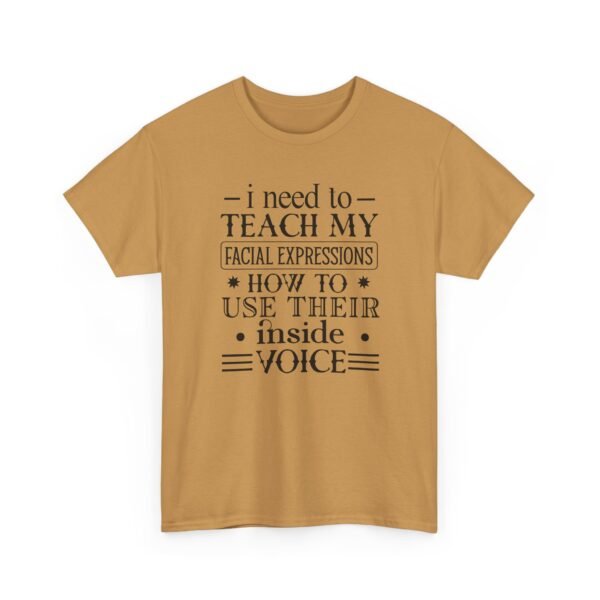 Unisex t-shirt from Twisted Angell with the sarcastic phrase “I Need To Teach My Facial Expressions How To Use Their Inside Voice” printed on the front.