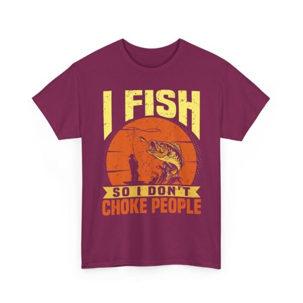 Unisex t-shirt from Twisted Angell with the sarcastic phrase “I Fish So I Don't Choke People” printed on the front.
