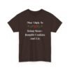 Unisex t-shirt from Twisted Angell with the sarcastic phrase “Most Likely to Bring Store-Bought Cookies and Lie” printed on the front.