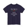 Unisex t-shirt from Twisted Angell with the sarcastic phrase “Most Likely to Arrive Fashionably Late” printed on the front.