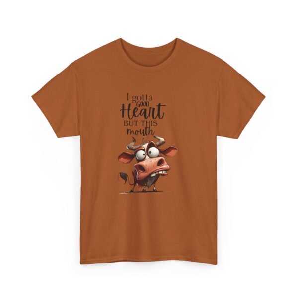12751882269290533604_2048-1.jpeg Unisex t-shirt from Twisted Angell with the sarcastic phrase “I Gotta Good Heart But This Mouth - Cow” printed on the front.