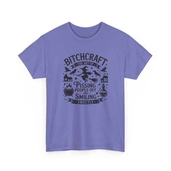Unisex t-shirt from Twisted Angell with the sarcastic phrase “Bitchcraft, The Art Of Pissing People Off And Smiling Sweetly” printed on the front.