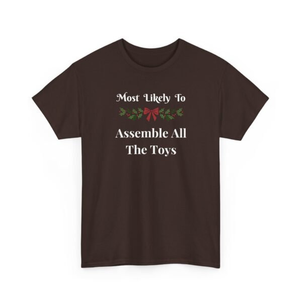 Unisex t-shirt from Twisted Angell with the sarcastic phrase “Most Likely To Assemble All The Toys” printed on the front.