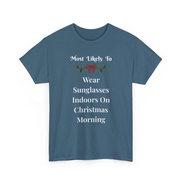 Unisex t-shirt from Twisted Angell with the sarcastic phrase “Most Likely To Wear Sunglasses Indoors On Christmas Morning” printed on the front.