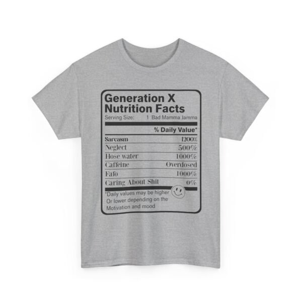 Unisex t-shirt from Twisted Angell with the sarcastic phrase “Generation X Nutrition Facts” printed on the front.