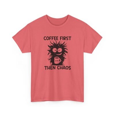 Unisex t-shirt from Twisted Angell with the sarcastic phrase “Coffee First Then Chaos” printed on the front.