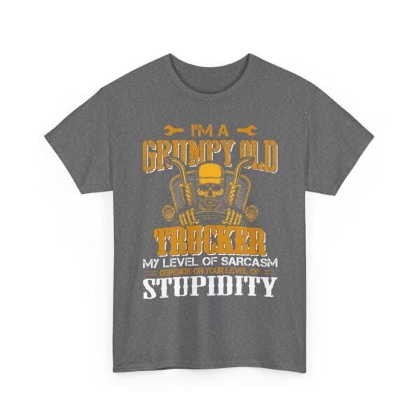 Unisex t-shirt from Twisted Angell with the sarcastic phrase “I'm A Grumpy Old Trucker, My Level Of Sarcasm Depends On Your Level Of Stupidity” printed on the front.