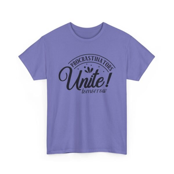 Unisex t-shirt from Twisted Angell with the sarcastic phrase “Procrastinators Unite Tomorrow” printed on the front.