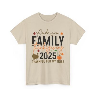 Sarcastic apparel design from Twisted Angell with the phrase “Personalized Family Thanksgiving Thankful For My Tribe Tee 2025” printed on the front.