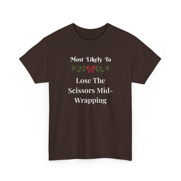 Unisex t-shirt from Twisted Angell with the sarcastic phrase “Most Likely To Lose The Scissors Mid-Wrapping” printed on the front.