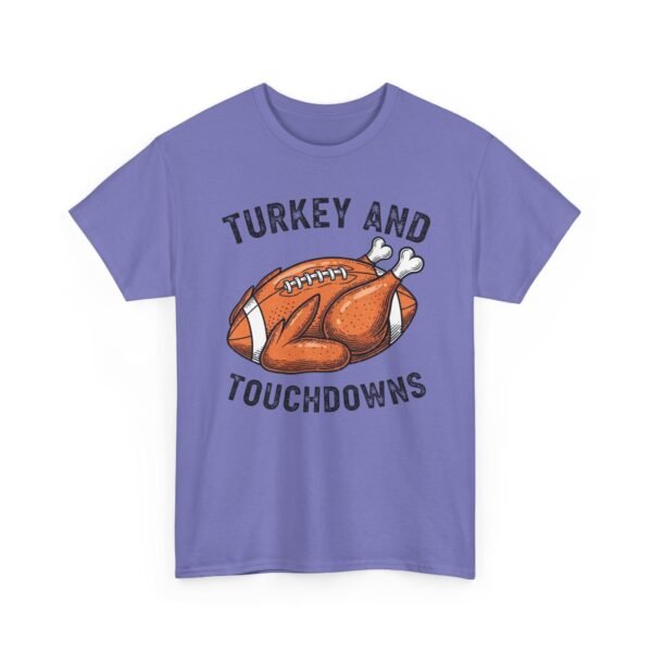 Unisex t-shirt from Twisted Angell with the sarcastic phrase “Turkey and Touchdowns” printed on the front.