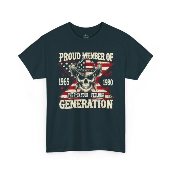 13647838681491337789_2048.jpeg Unisex t-shirt from Twisted Angell with the sarcastic phrase “Proud Member of the 1965–1980 Generation X — Skull & American Flag” printed on the front.