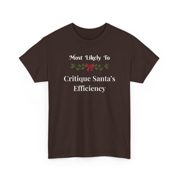 Unisex t-shirt from Twisted Angell with the sarcastic phrase “Most Likely To Critique Santa's Efficiency” printed on the front.