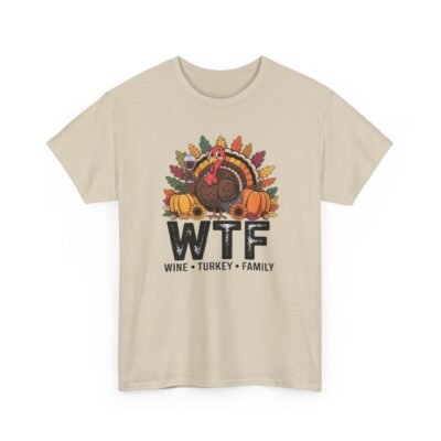 Unisex t-shirt from Twisted Angell with the sarcastic phrase “WTF: Wine, Turkey, Family” printed on the front.