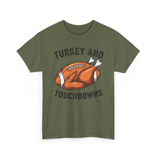 Unisex t-shirt from Twisted Angell with the sarcastic phrase “Turkey and Touchdowns” printed on the front.