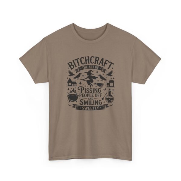 Unisex t-shirt from Twisted Angell with the sarcastic phrase “Bitchcraft, The Art Of Pissing People Off And Smiling Sweetly” printed on the front.