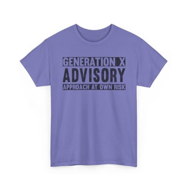 Unisex t-shirt from Twisted Angell with the sarcastic phrase “Generation X Advisory – Approach At Own Risk” printed on the front.