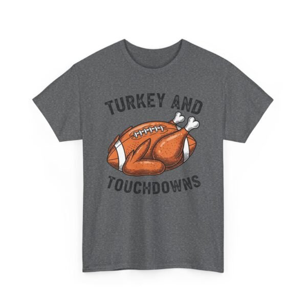 Unisex t-shirt from Twisted Angell with the sarcastic phrase “Turkey and Touchdowns” printed on the front.